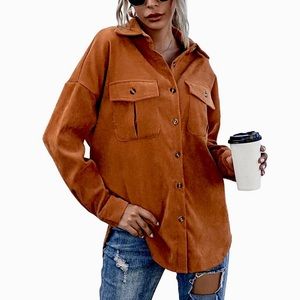 Corduroy Shirt Solid Rust Orange Color with Front Flap Pockets Size Large Shein